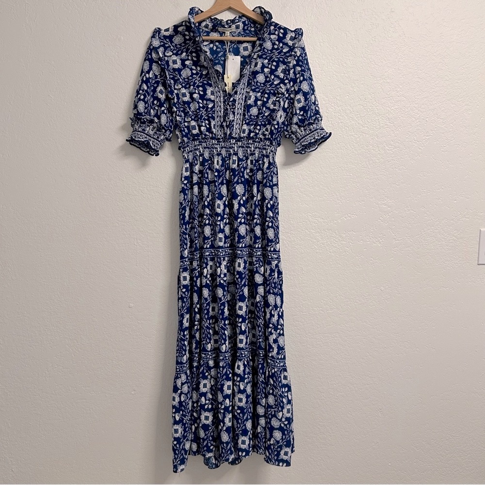 NWT Max‎ Studio Blue White Floral Pattern Midi Dress Puff Sleeves